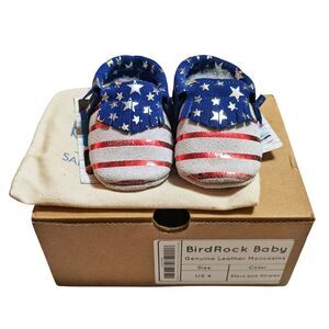 Bird Rock Baby Toddler Leather Moccasins Stars Stripes American Flag Size 4  NEW